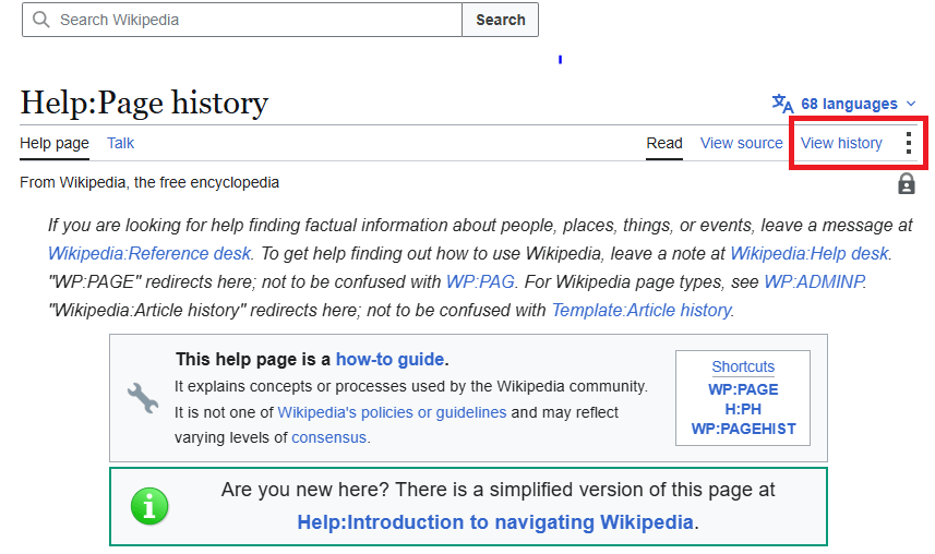 Wikipedia page showing how to find an editor and view the article’s edit history