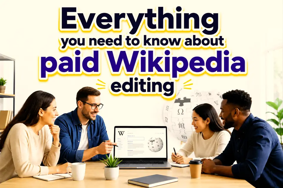 People collaborating at a desk while editing Wikipedia content, representing paid Wikipedia editors and professional article editing services.