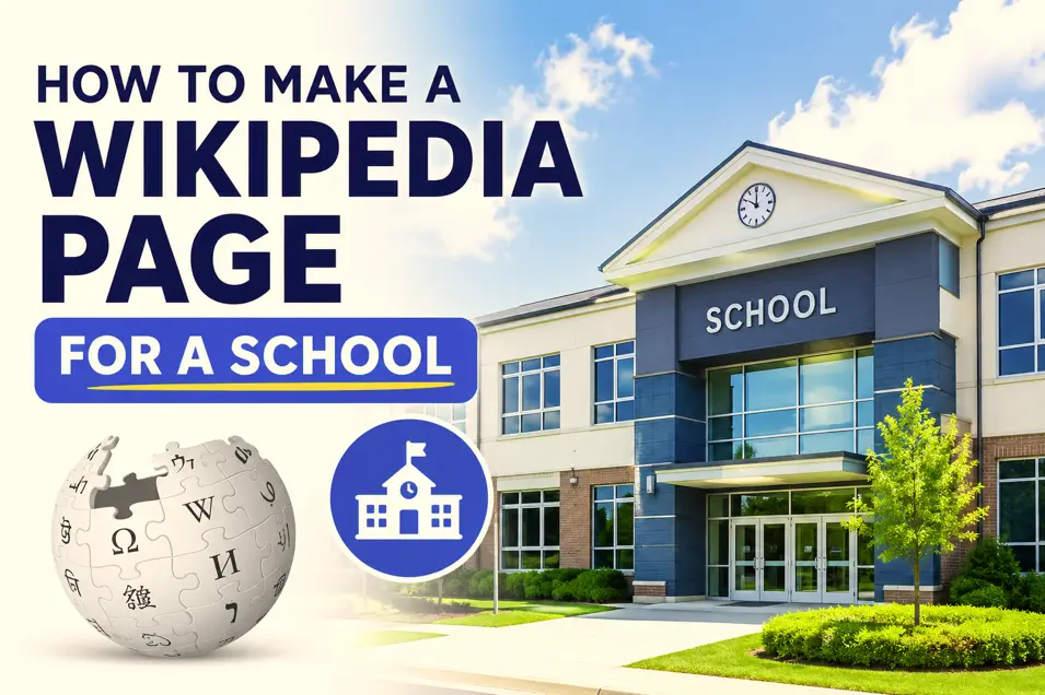 A school building representing a Wikipedia page about a school.