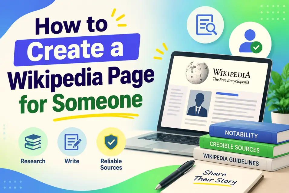 How to Create a Wikipedia Page for Someone guide featuring a colorful blue and green design with a laptop, Wikipedia profile page concept, research books, writing tools, and source guidelines.