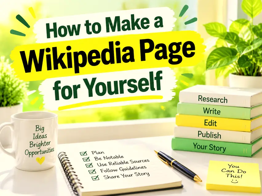 A bright yellow and green tutorial workspace graphic showing the title “How to Make a Wikipedia Page for Yourself” with books, a notebook checklist, a mug, a pen, and plants on a clean desk background.