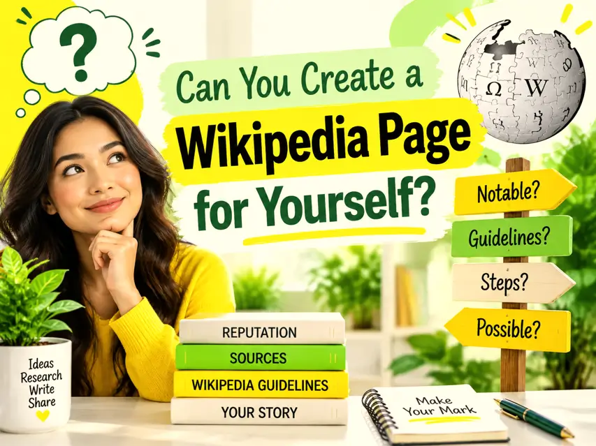 A bright yellow and green infographic-style scene showing a person thinking about creating a Wikipedia page, with research books, notes, guidelines, and creative workspace elements.